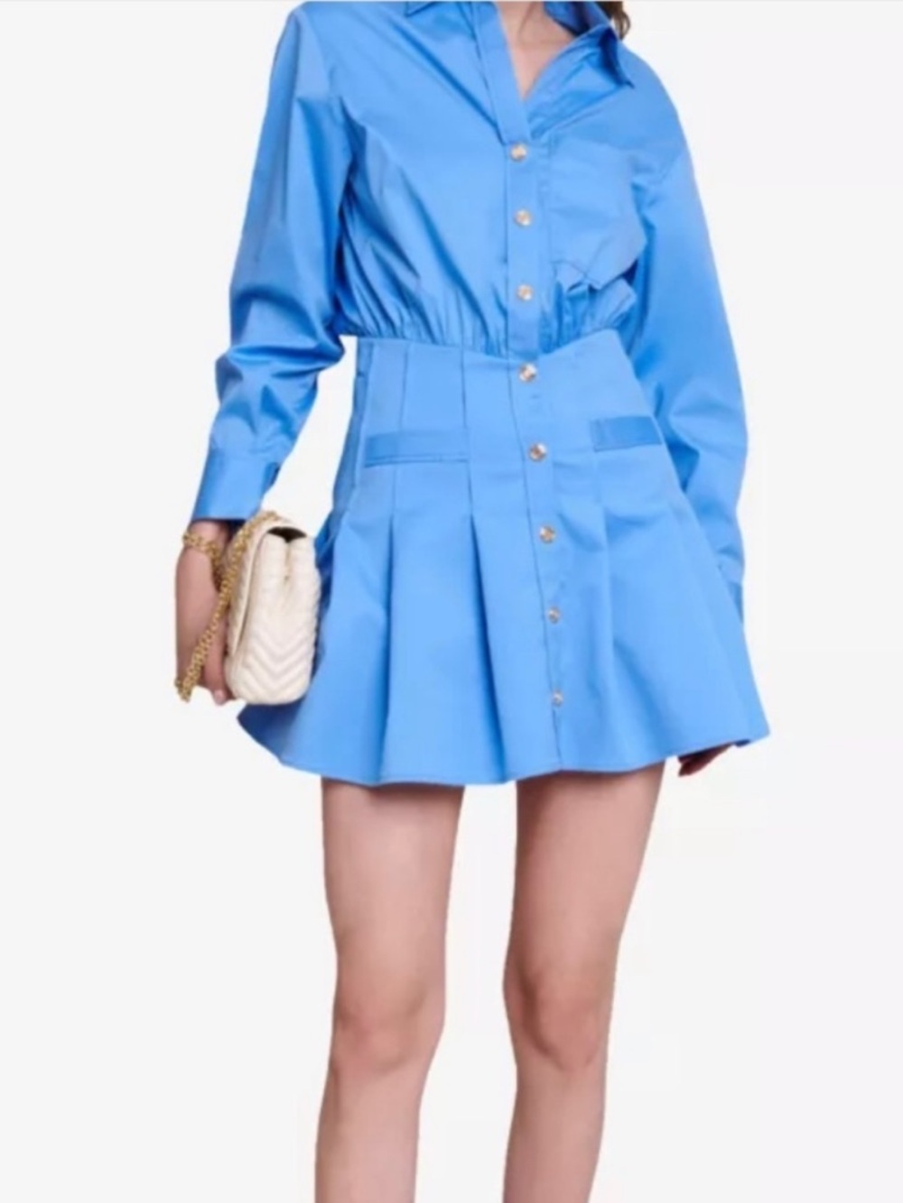 Maje‎ Raudrela Mini Blue Button-Front Pleated Shirt Dress Size 36